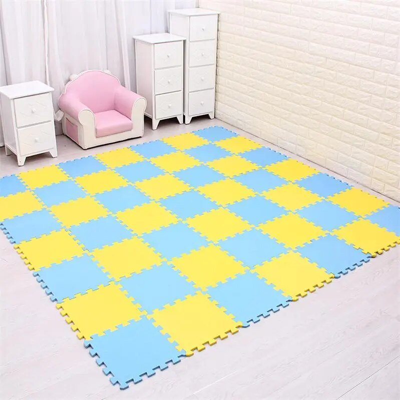 Yellow and blue EVA foam puzzle mat 12-piece set for a compact bright play corner.