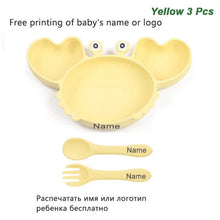 Personalized Baby Crab Plate Set in yellow crab shape with spoon and fork for toddler mealtime fun.