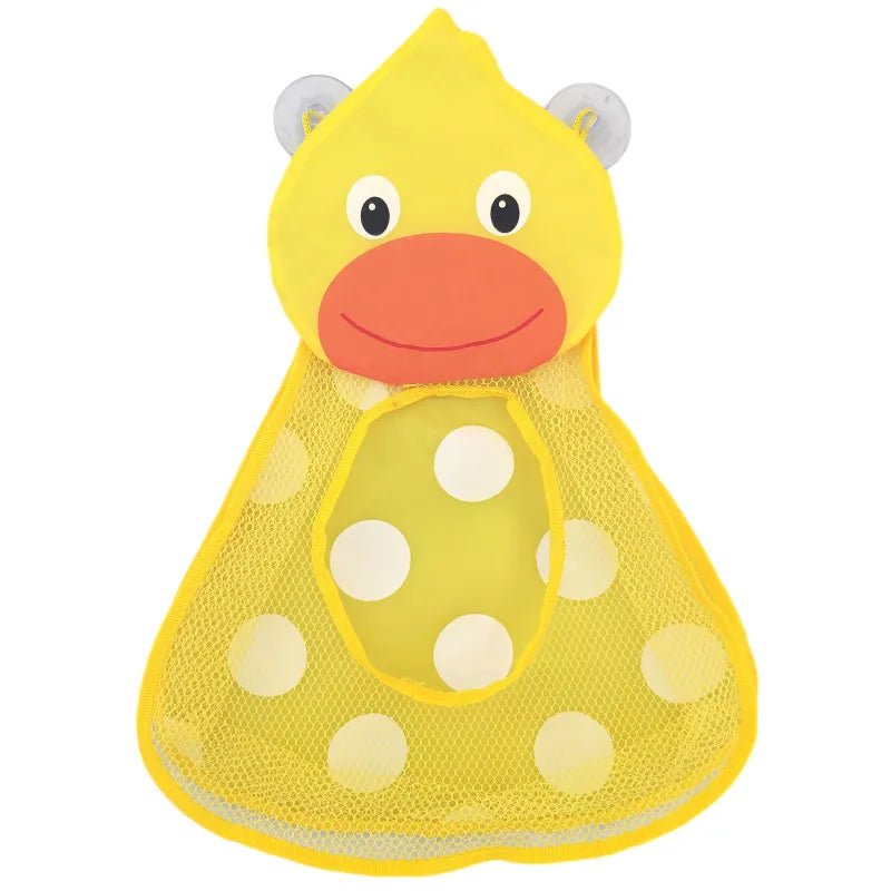 Yellow duck-shaped mesh net bag with a smiling face for cheerful bath toy storage.
