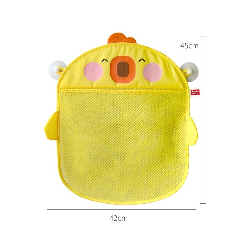 Yellow duck mesh bath toy organizer bag with dimensions for bathroom storage planning.