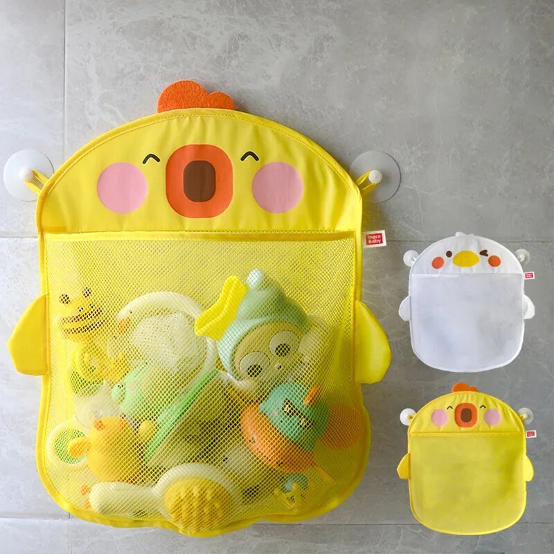 Yellow duck mesh bath toy storage bag filled with toys for organized tub time.