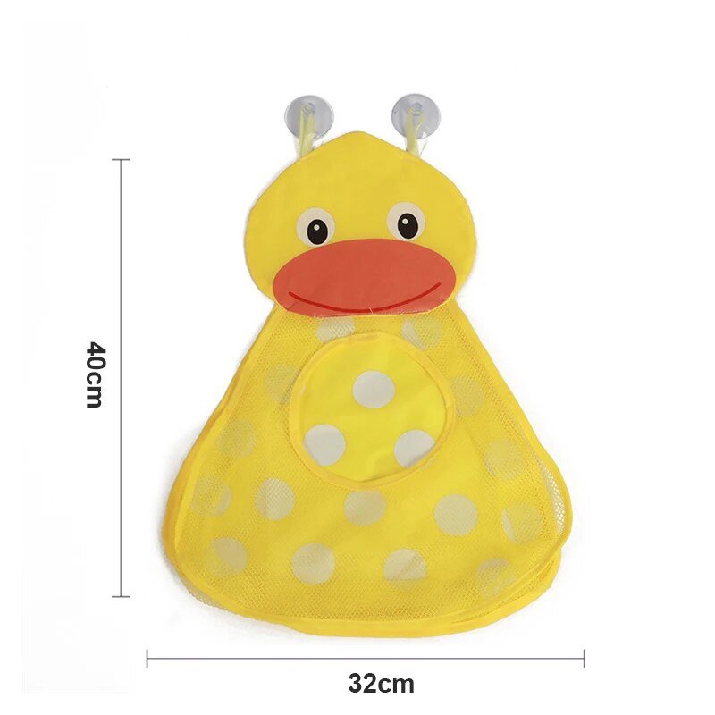 Yellow duck polka dot bath toy bag with measurements for easy toy storage.