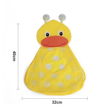 Yellow duck polka dot mesh bath toy pouch shown with measurements for organized storage.