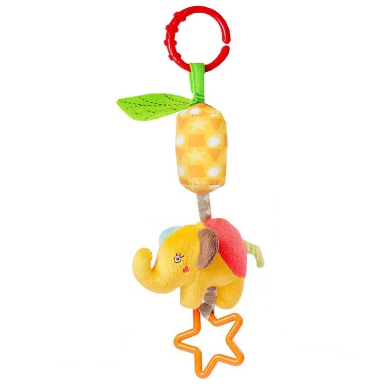 Soft Animal Handbell Rattle in yellow elephant design with polka dot carrot teether for baby play.