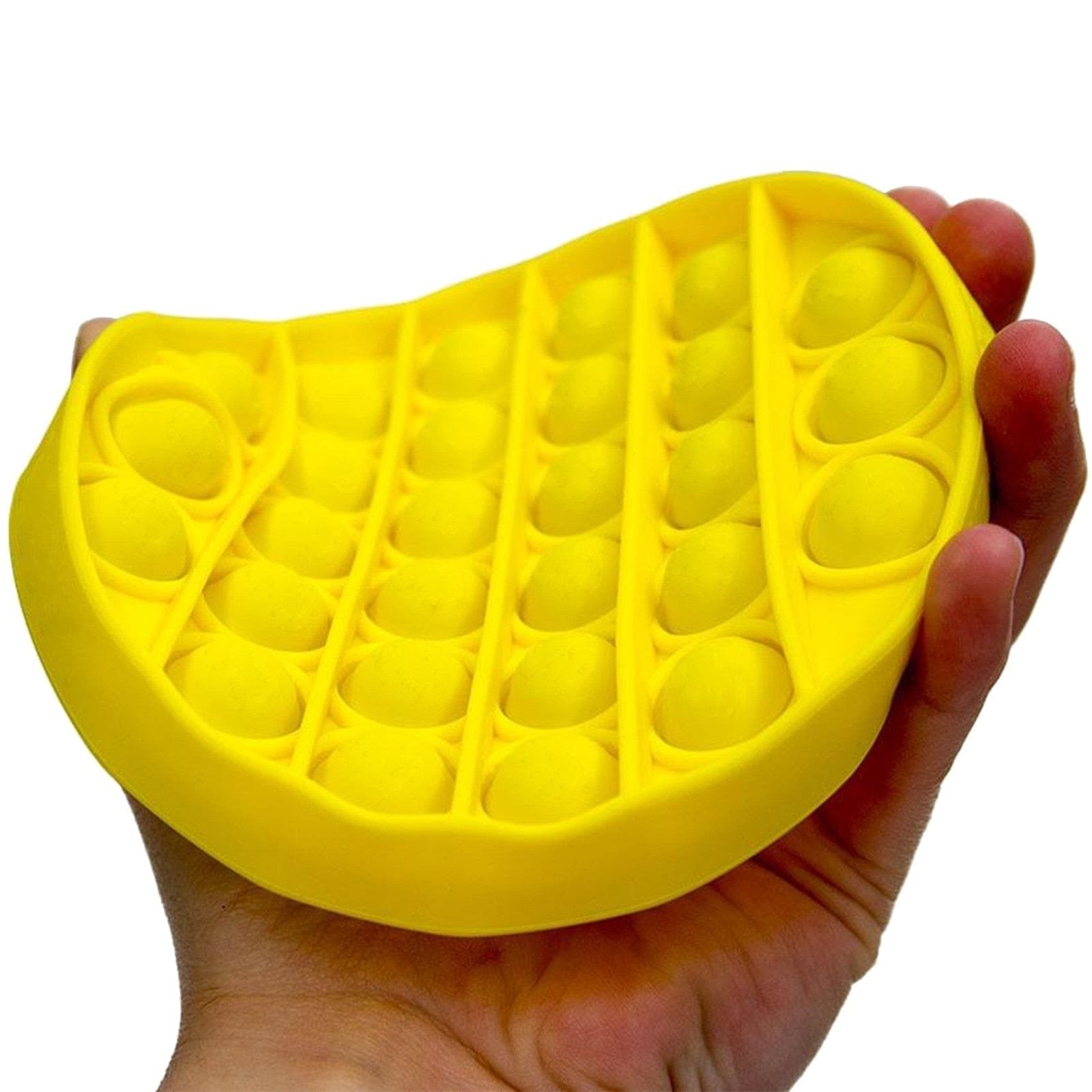 Yellow push pop bubble sensory fidget toy held in hand for calming repetitive play.