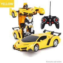 Yellow RC drift car transforming robot toy for kids offering both car and robot play modes.
