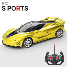 Yellow RC sports car with LED lights and remote for drift racing and outdoor kids fun.