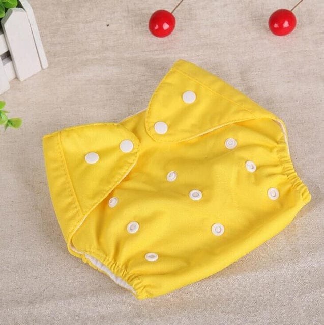 Yellow Washable Reusable Nappy cover with snap buttons for adjustable fit during daily changes and night use.