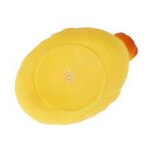 Close-up of a yellow rubber duck with orange beak, a smooth squeaky bath toy that is simple to rinse and wipe clean.