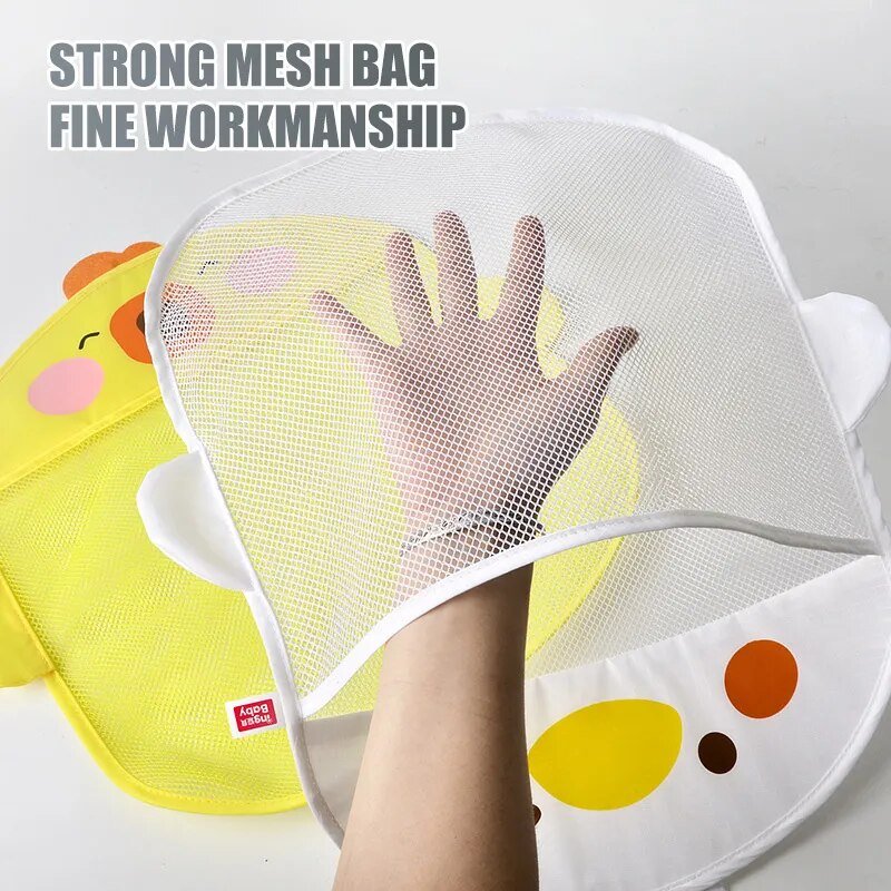 Yellow and white duck mesh bath toy bag held in hand for easy kids bath cleanup.