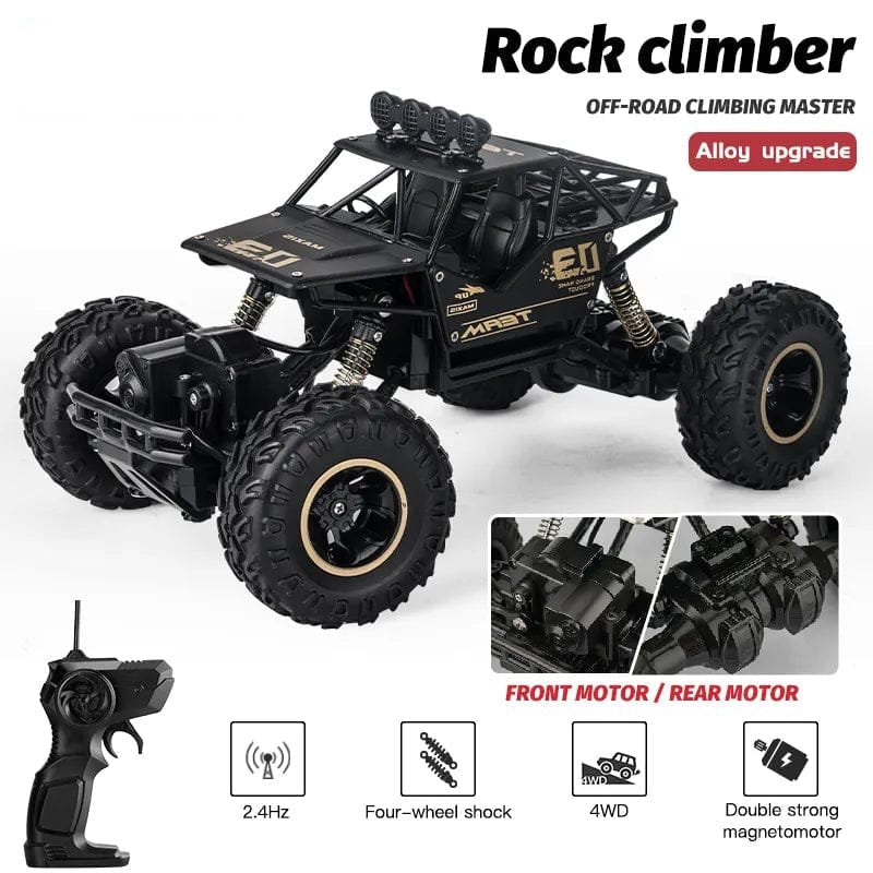 ZWN 1:16 4WD RC truck with LED lights and remote, a rock climbing off-road toy car for kids outdoor adventures.