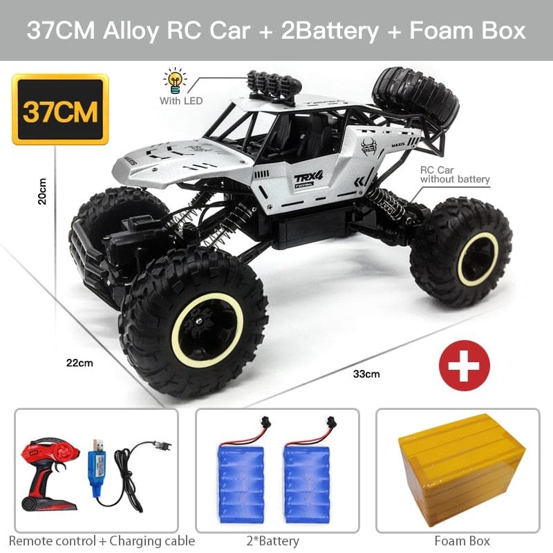 Black and white ZWN 37cm alloy RC buggy with two batteries, a fast 4WD toy car for competitive kids racing.