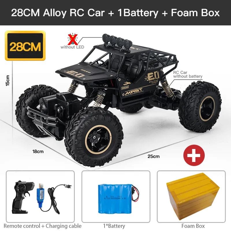 Angled view of the ZWN LED headlight RC truck with battery and foam box, a toy car built for evening play.
