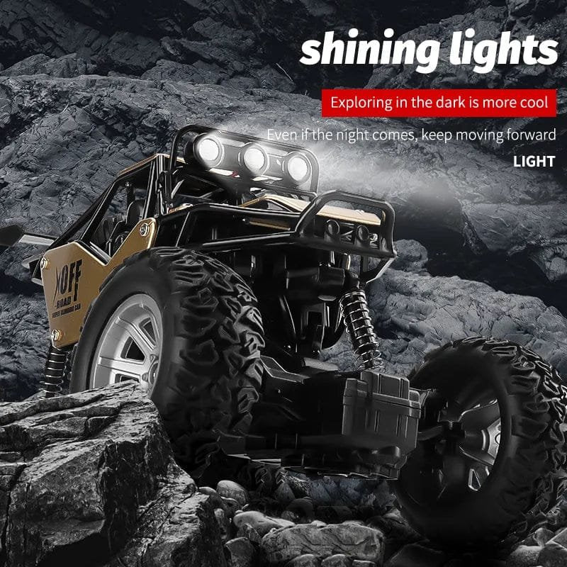 ZWN RC buggy with LED lights driving on rocky terrain, letting children race the toy car after dark outdoors.
