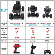 Comparison chart of ZWN RC car models in 1:12 and 1:16 scale, helping parents pick the right off-road buggy toy.