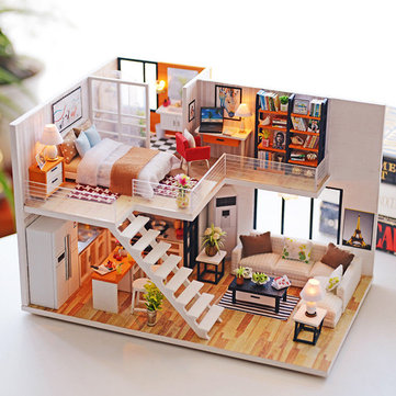 Loft Apartments Miniature Dollhouse Wooden Doll House Furniture LED Kit Christmas Birthday Gifts