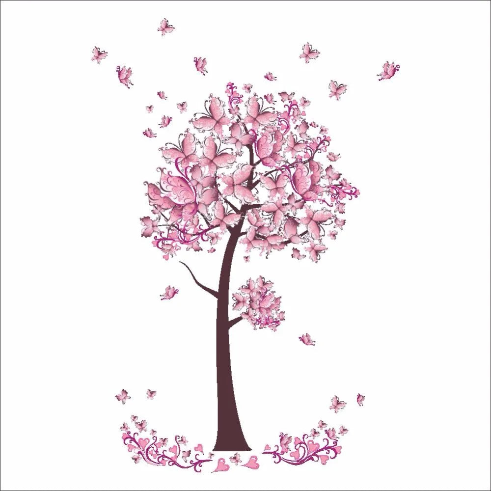 Pink Butterfly Flower Tree Wall Decals