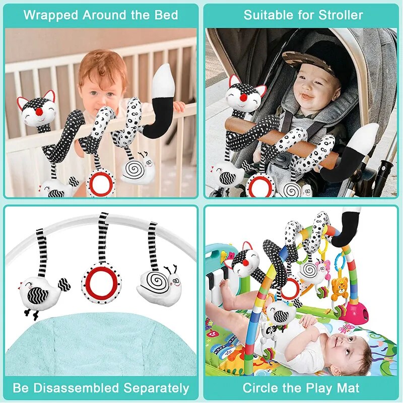 Black & White Baby Spiral Plush Toys: Stroller, Car Seat, Hanging Rattle, Crib Mobile Sensory