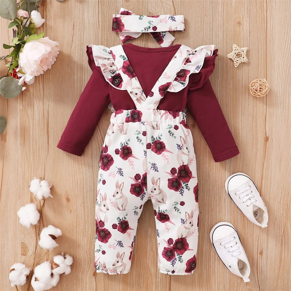 0-18M Red Long-Sleeve Bodysuit & Flower Pants Set 