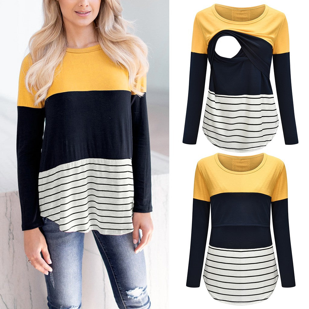 Long sleeve Striped Print t-shirt Maternity breastfeeding tops