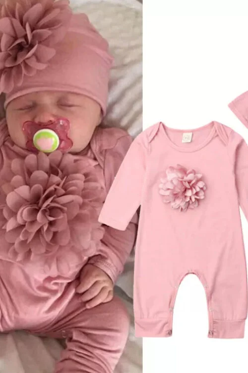 0-18M Floral Jumpsuit & Hat: 2Pc Cotton Set for Newborns
