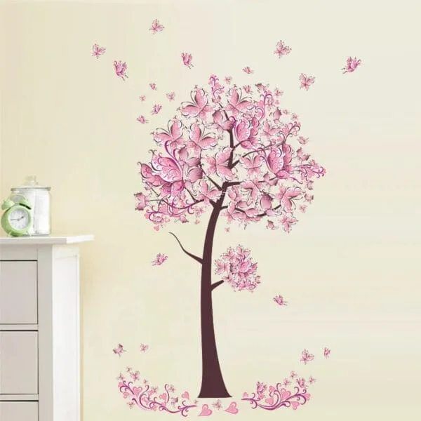 Pink Butterfly Flower Tree Wall Decals