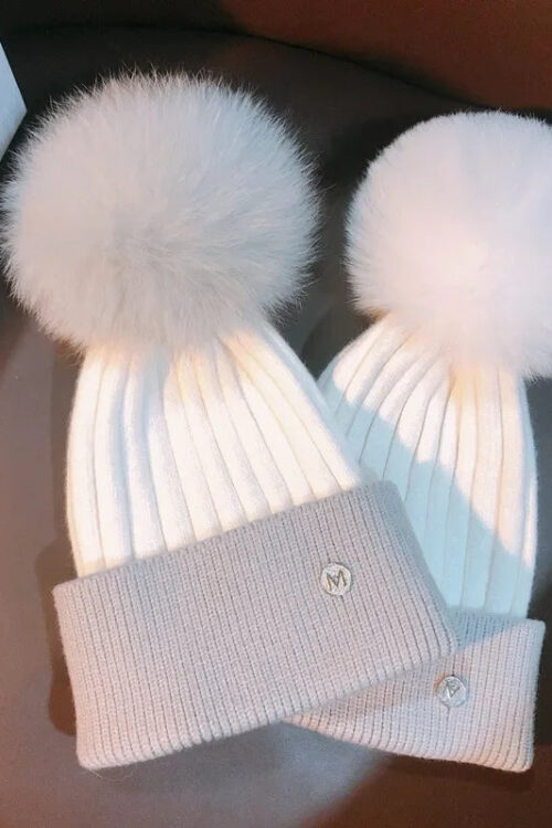 Natural Mink Pom Pom Beanie – Wool, Ear Protection, Kids