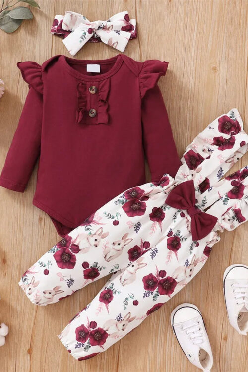 0-18M Red Long-Sleeve Bodysuit & Flower Pants Set – New Year