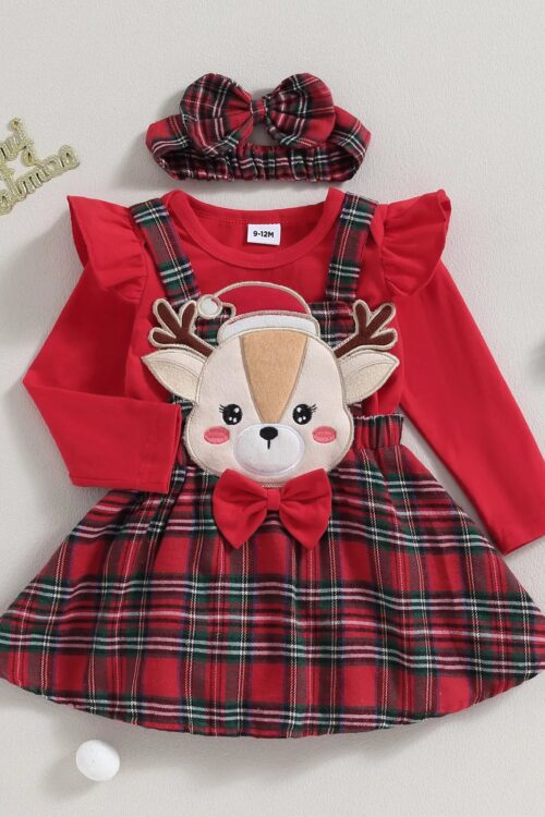 0-18M Xmas Set: Knit Red Romper, Plaid Skirt & Headband